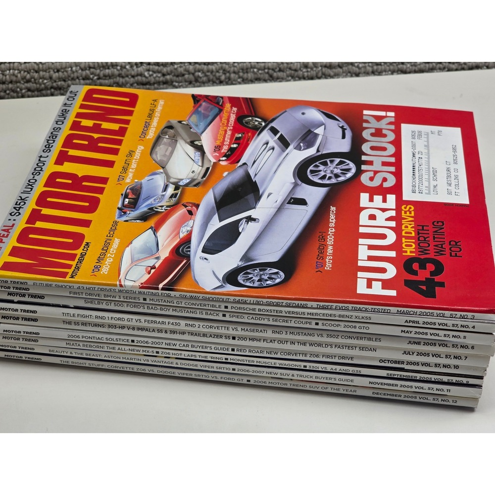 Motor Trend Magazine Lot of 9 Ford GT‎ Ferrari F430 Corvette Mustang 350Z Chevy